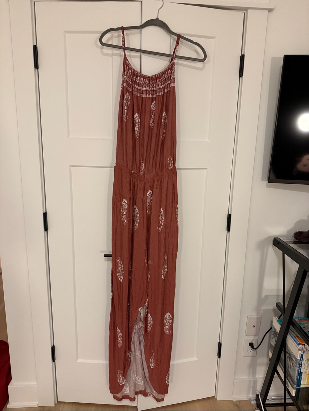 Rust Printed Smocked Jumpsuit